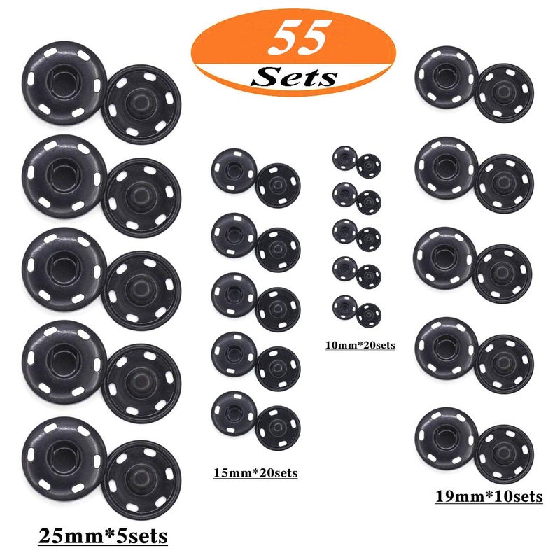 Enosea 55 Sets Sew-on Snap Buttons Metal Snap Fastener Durable Press Studs Buttons for Sewing Clothing, 4 Sizes (Black) - Image 3